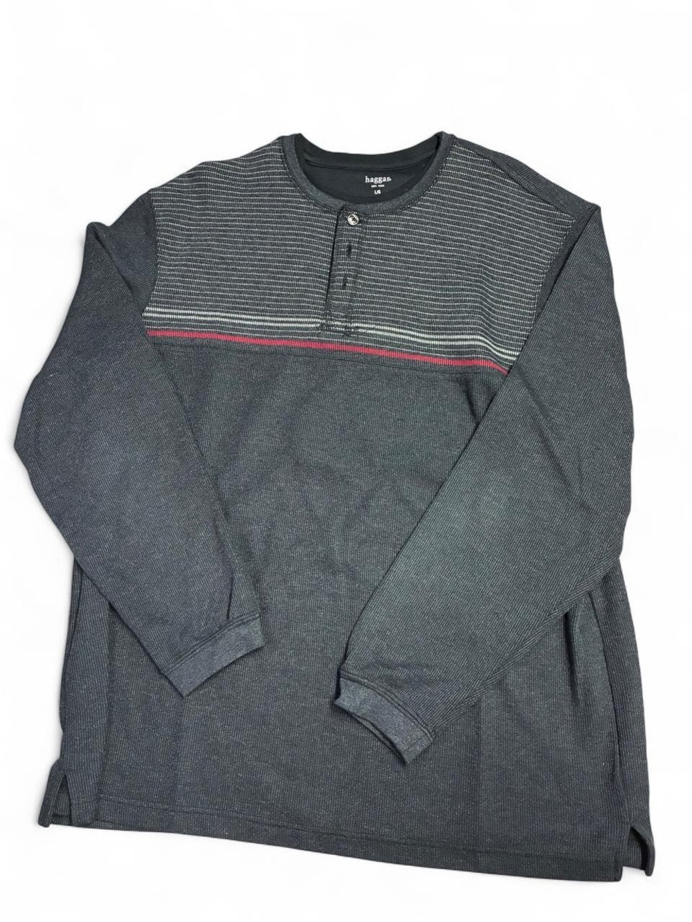 Haggar Charcoal Henley with Subtle Stripe and Red Accent